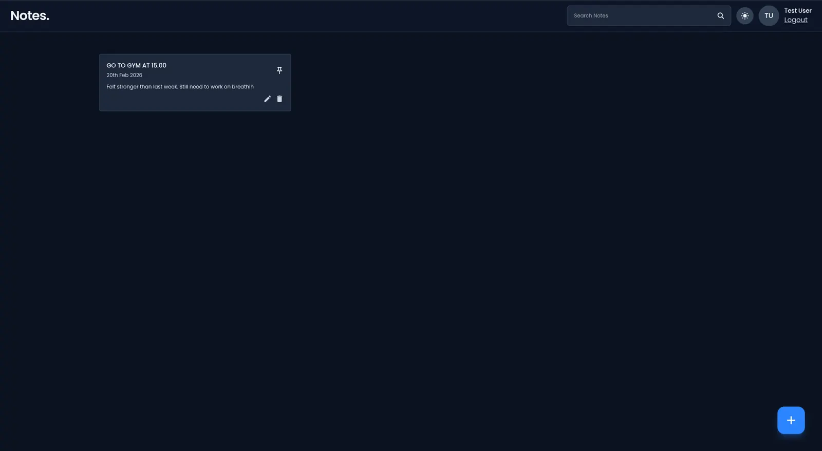 Notes dashboard with search, tags, and pinning
